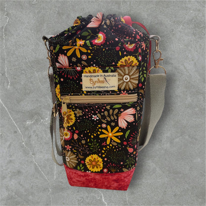 Water Bottle, Phone & Wallet Bag - Bright Flowers on Black with Red Lining