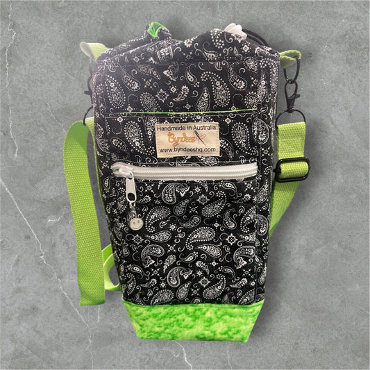 Water Bottle, Phone & Wallet Bag - Black & White Paisley w Green Lining