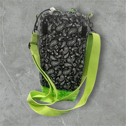 Water Bottle, Phone & Wallet Bag - Black & White Paisley w Green Lining