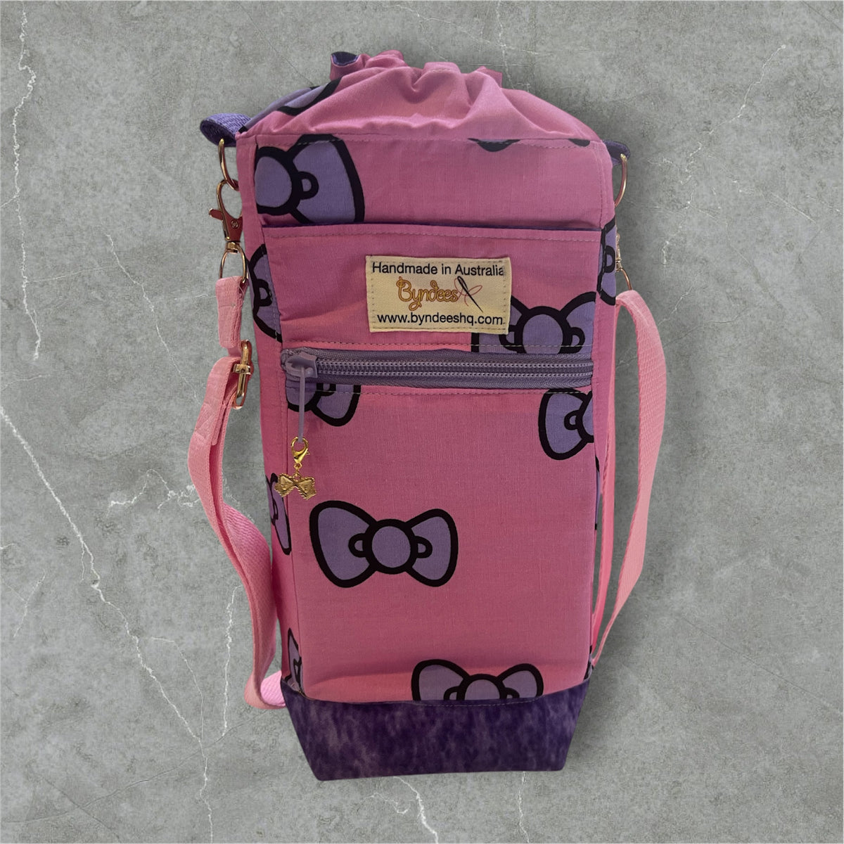 Water Bottle, Phone & Wallet Bag - Pink w Purple Bows with Purple Lining