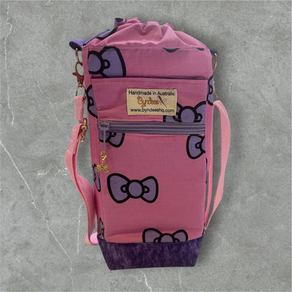 Water Bottle, Phone & Wallet Bag - Pink w Purple Bows with Purple Lining