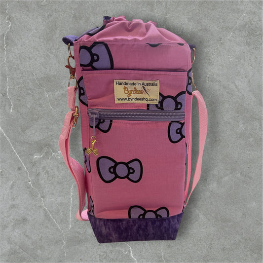 Water Bottle, Phone & Wallet Bag - Pink w Purple Bows with Purple Lining
