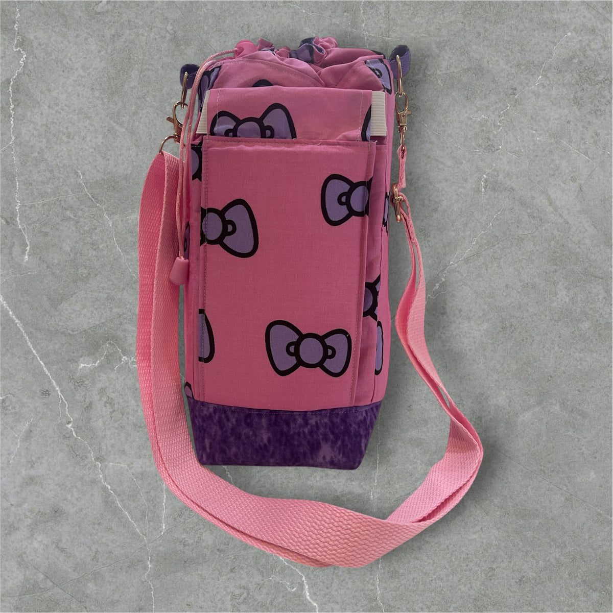 Water Bottle, Phone & Wallet Bag - Pink w Purple Bows with Purple Lining