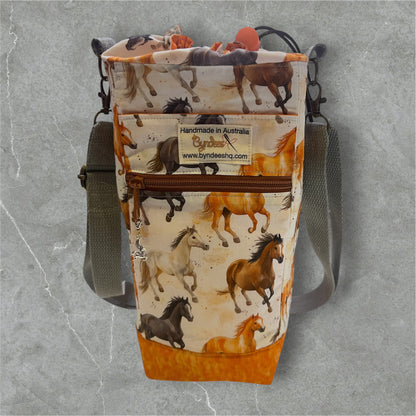 Water Bottle, Phone & Wallet Bag - Horses with Orange Lining