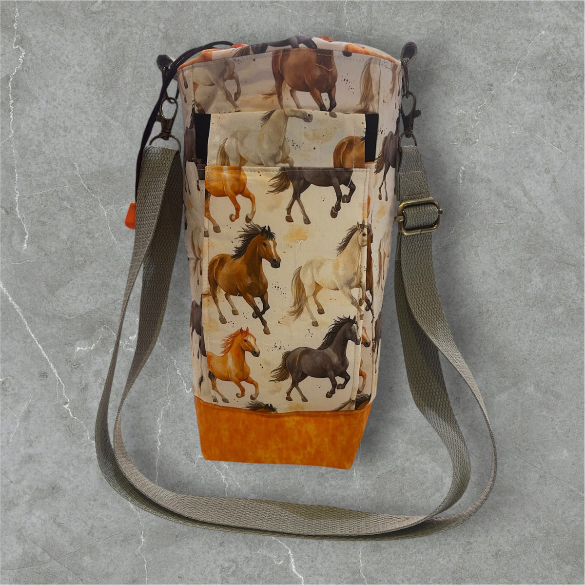 Water Bottle, Phone & Wallet Bag - Horses with Orange Lining