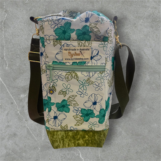 Water Bottle, Phone & Wallet Bag - Green & White Flowers with Olive Lining