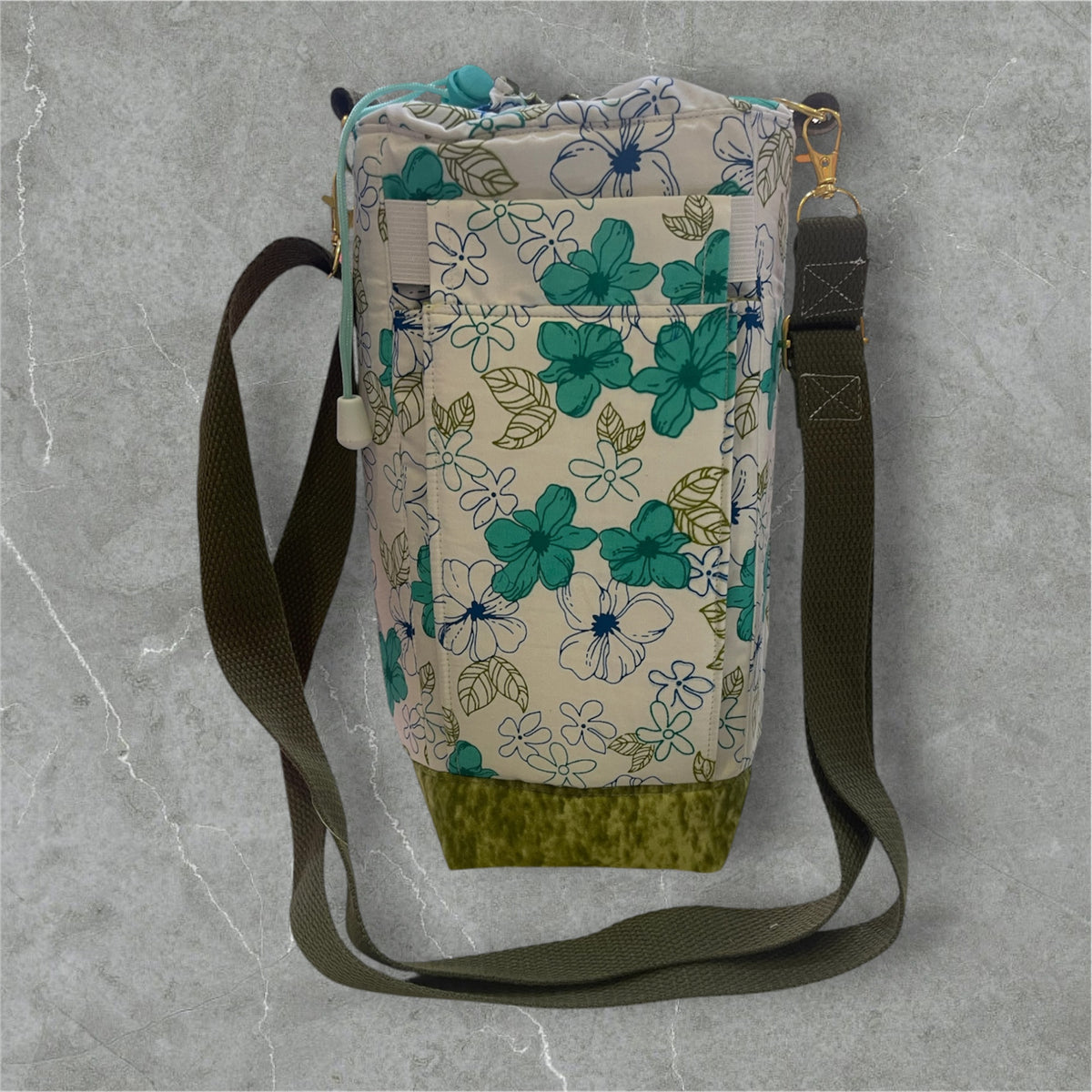 Water Bottle, Phone & Wallet Bag - Green & White Flowers with Olive Lining