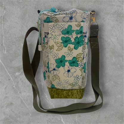 Water Bottle, Phone & Wallet Bag - Green & White Flowers with Olive Lining