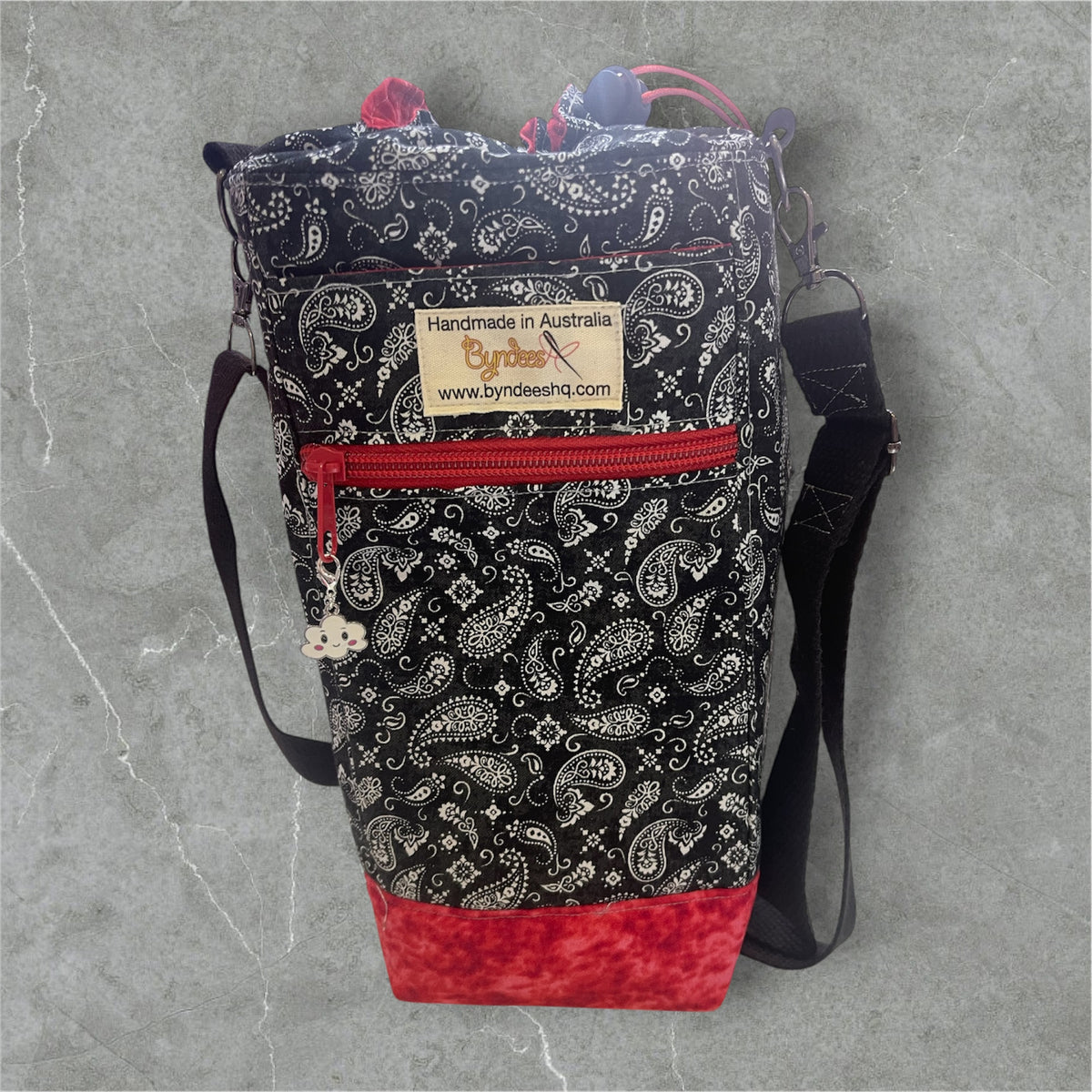 Water Bottle, Phone & Wallet Bag - Black & White Paisley with Red Lining