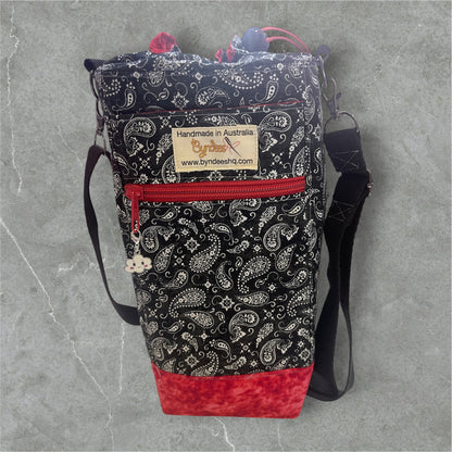 Water Bottle, Phone & Wallet Bag - Black & White Paisley with Red Lining