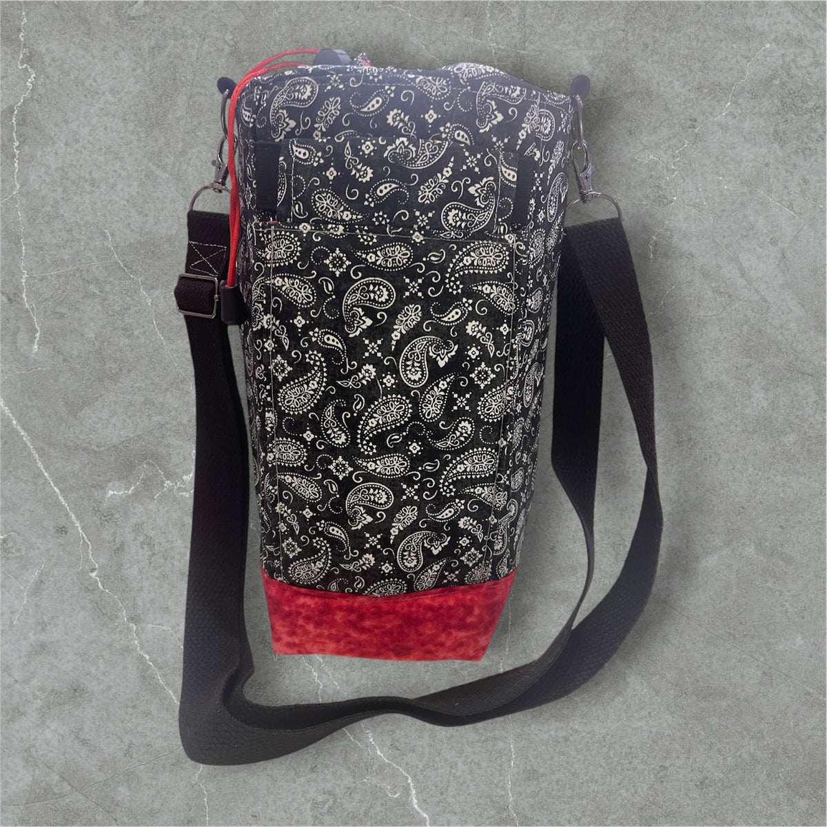 Water Bottle, Phone & Wallet Bag - Black & White Paisley with Red Lining