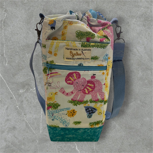 Water Bottle, Phone & Wallet Bag - Cartoon Animals with Lite Blue Lining