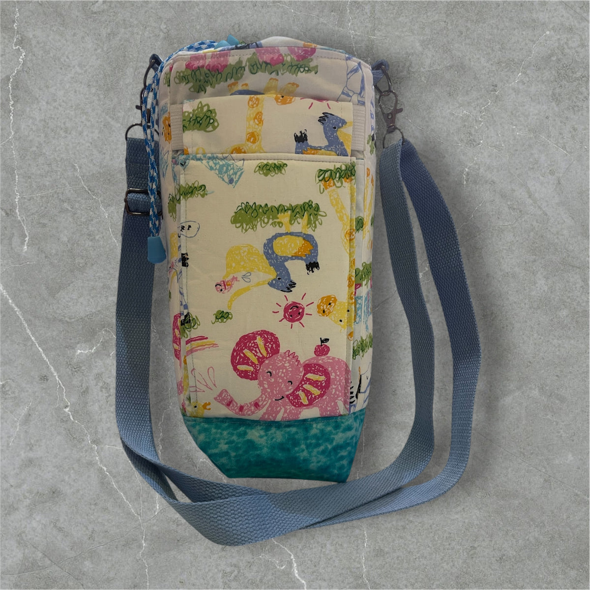 Water Bottle, Phone & Wallet Bag - Cartoon Animals with Lite Blue Lining