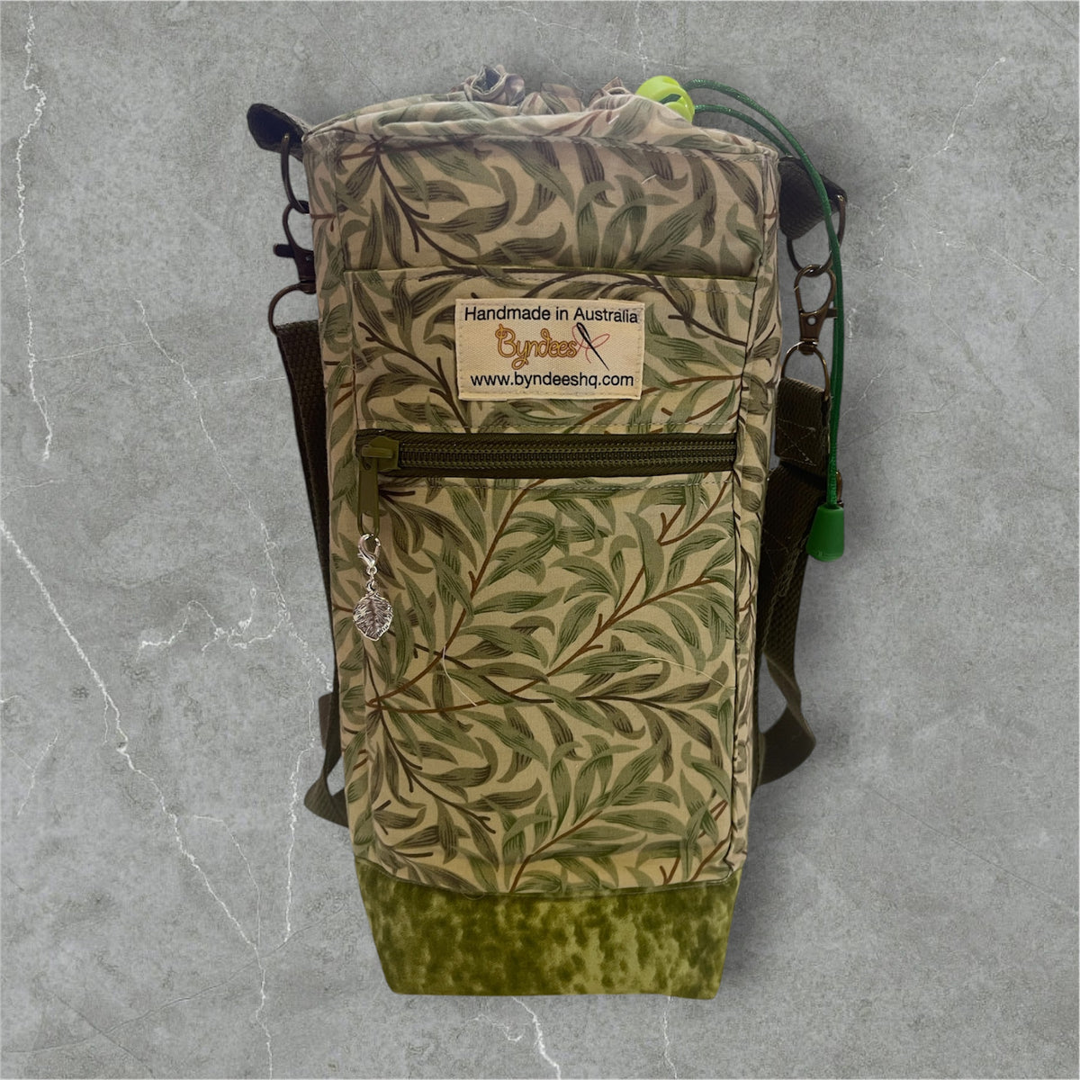 Water Bottle, Phone & Wallet Bag - Green Leaves on Cream with Olive Lining