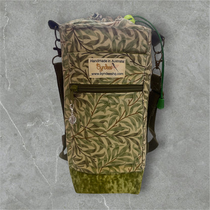 Water Bottle, Phone & Wallet Bag - Green Leaves on Cream with Olive Lining