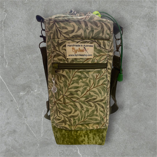 Water Bottle, Phone & Wallet Bag - Green Leaves on Cream with Olive Lining