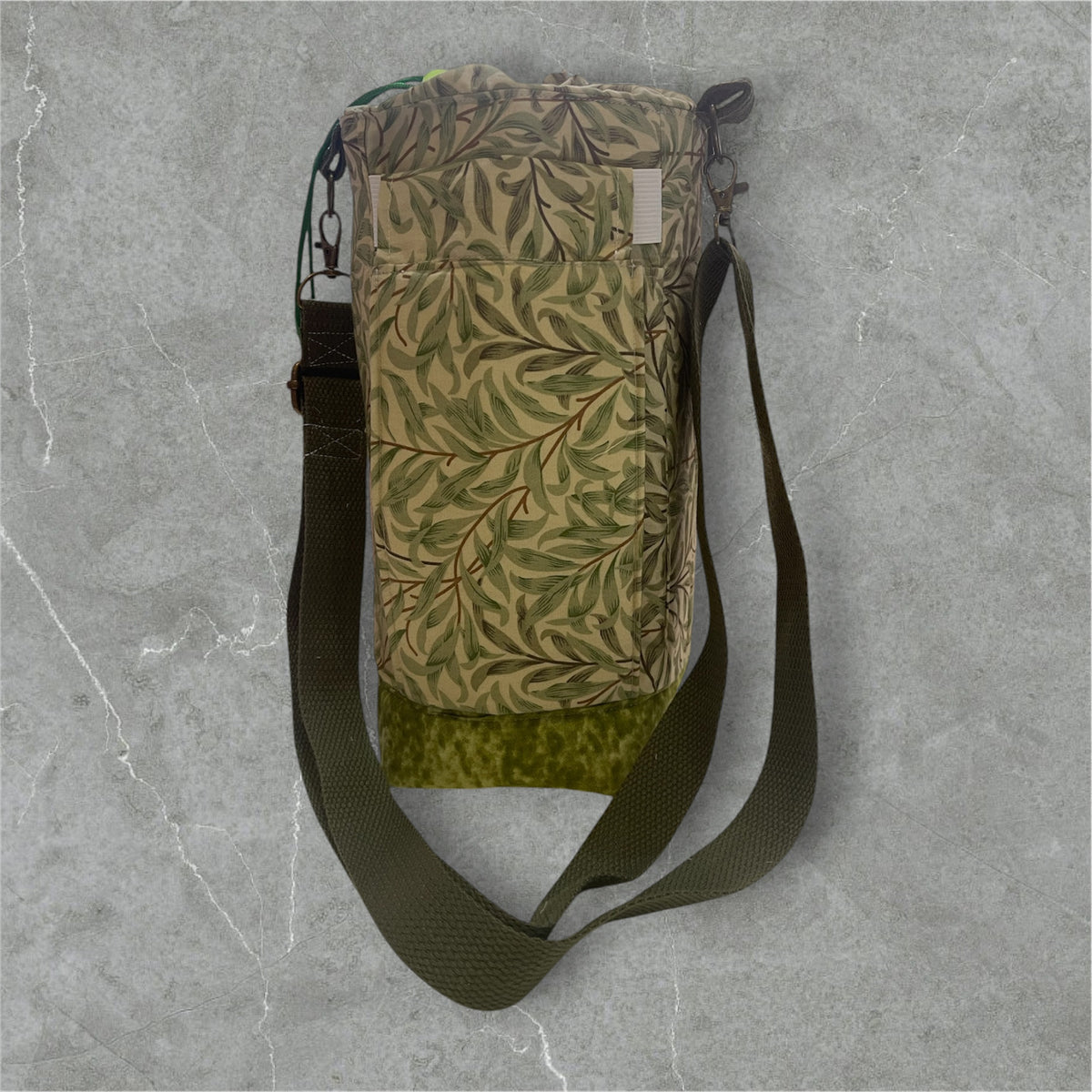 Water Bottle, Phone & Wallet Bag - Green Leaves on Cream with Olive Lining