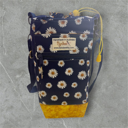 Water Bottle, Phone & Wallet Bag - Daisies on Navy with Yellow Lining