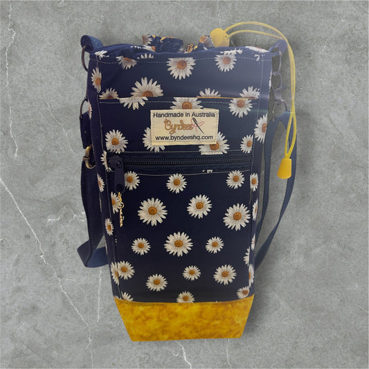 Water Bottle, Phone & Wallet Bag - Daisies on Navy with Yellow Lining