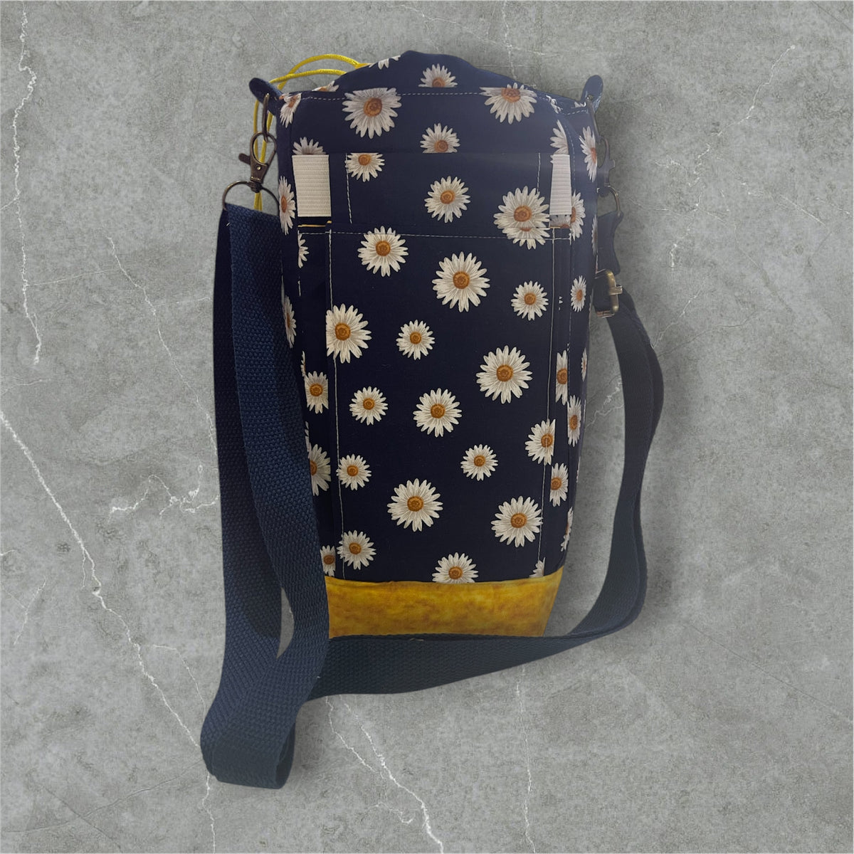 Water Bottle, Phone & Wallet Bag - Daisies on Navy with Yellow Lining