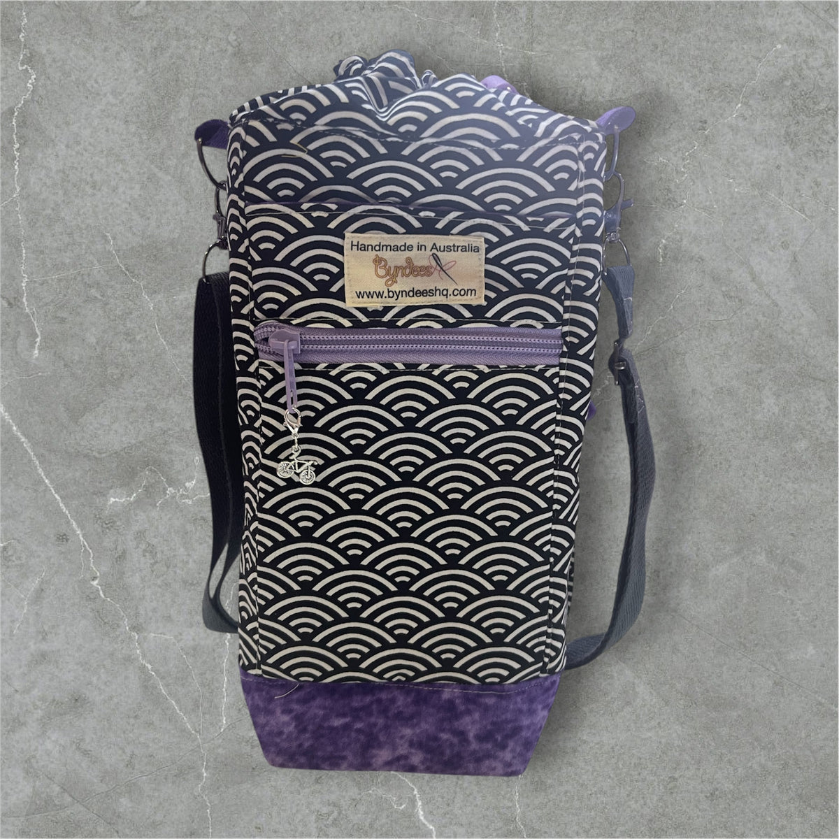 Water Bottle, Phone & Wallet Bag - Black & White Swirls with Purple Lining