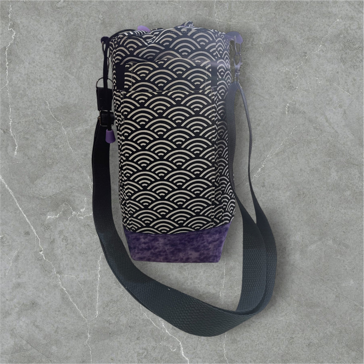 Water Bottle, Phone & Wallet Bag - Black & White Swirls with Purple Lining