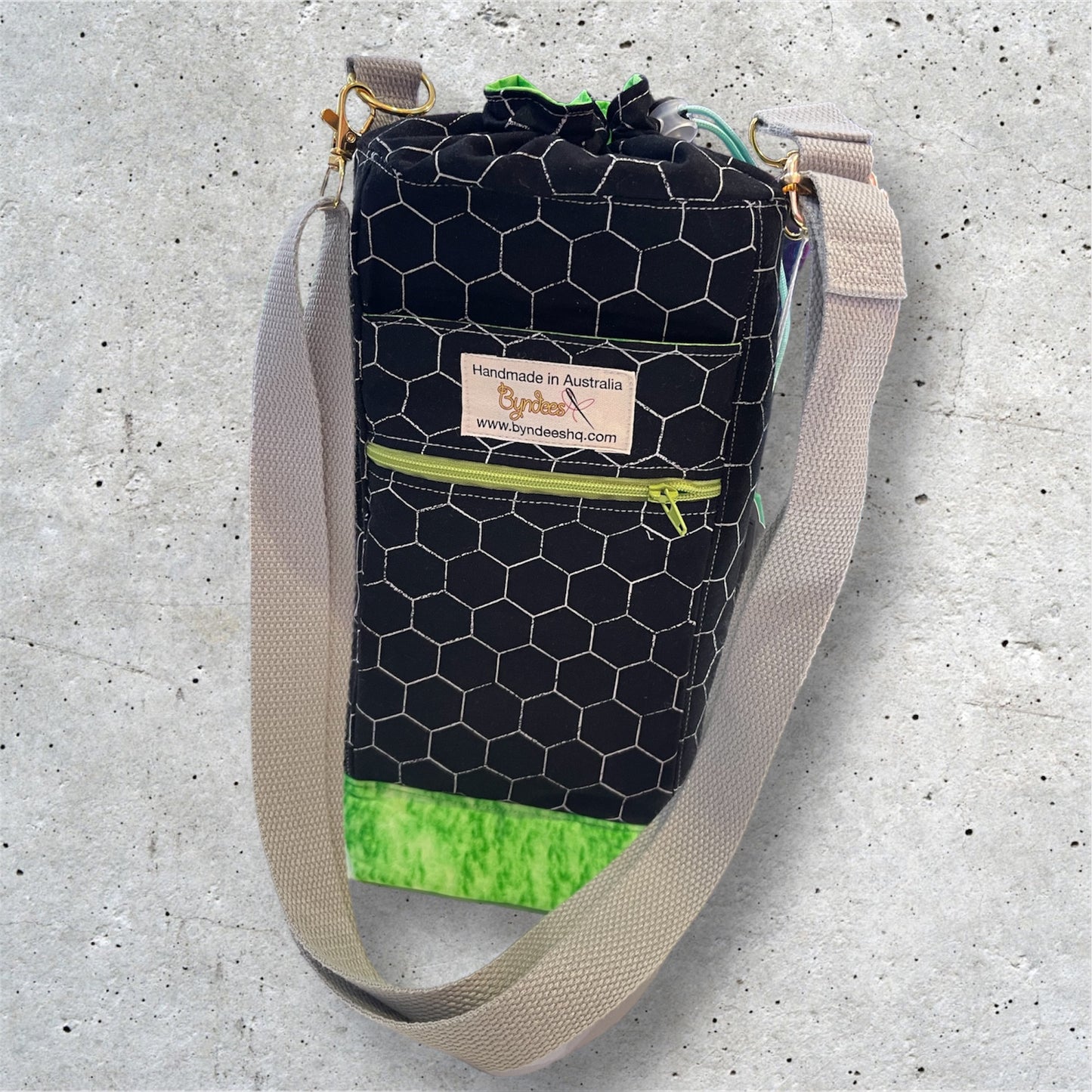 Water Bottle, Phone & Wallet Bag - Black & White w Green Lining