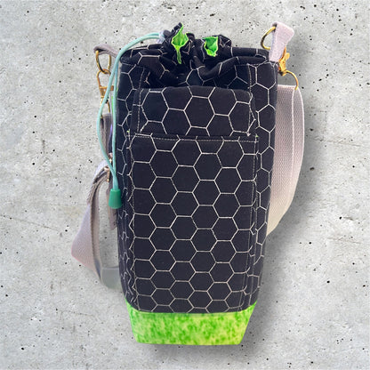 Water Bottle, Phone & Wallet Bag - Black & White w Green Lining