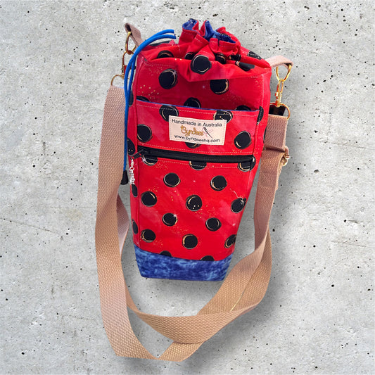 Water Bottle, Phone & Wallet Bag - Red with Black Dots with Blue Lining