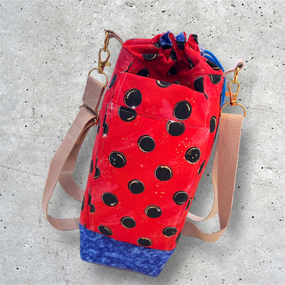 Water Bottle, Phone & Wallet Bag - Red with Black Dots with Blue Lining