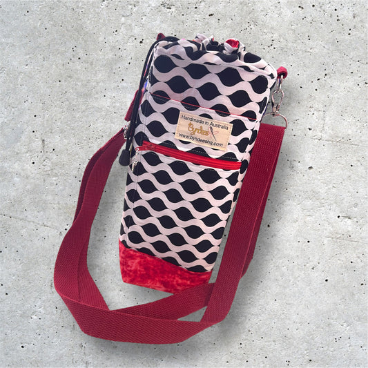 Water Bottle, Phone & Wallet Bag - Black & White with Red Lining