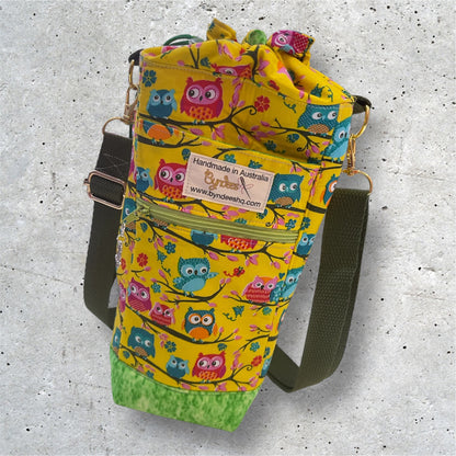 Water Bottle, Phone & Wallet Bag - Owls Yellow w Green Lining