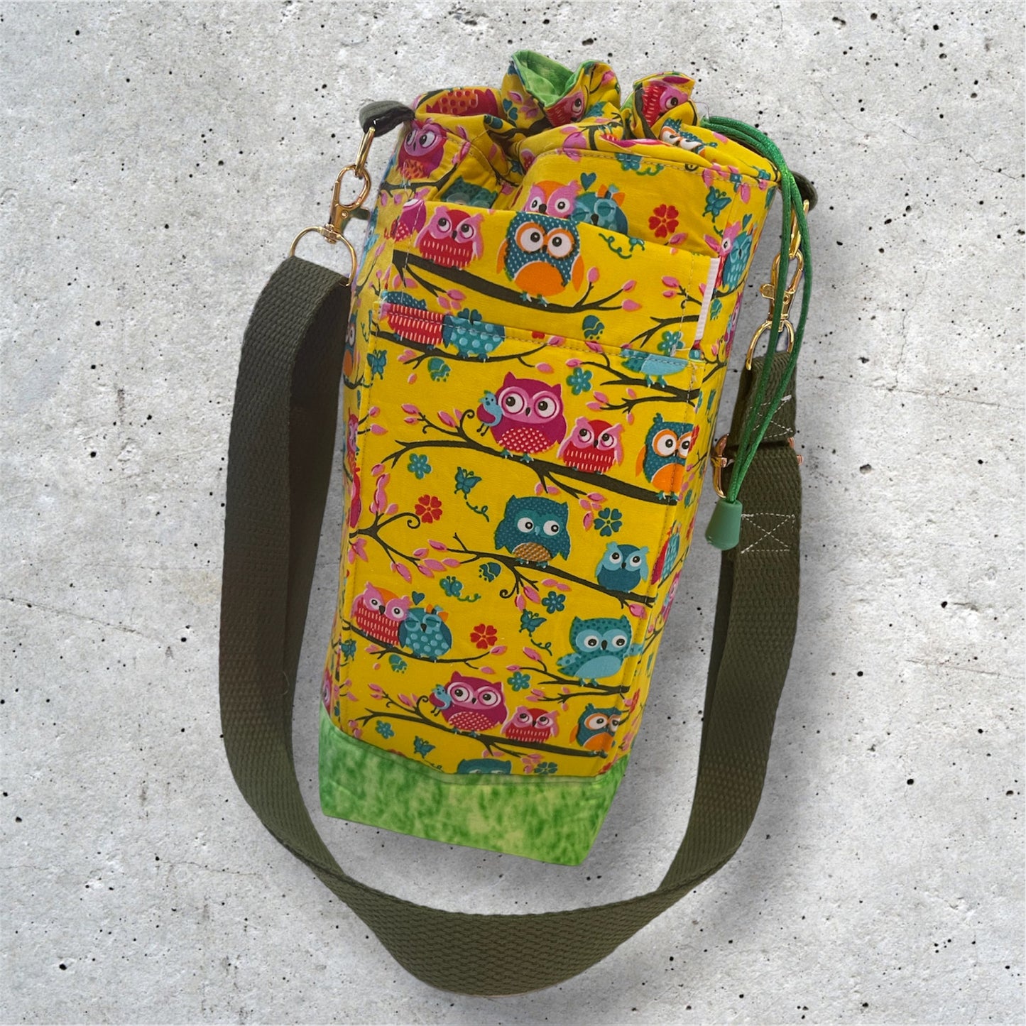 Water Bottle, Phone & Wallet Bag - Owls Yellow w Green Lining