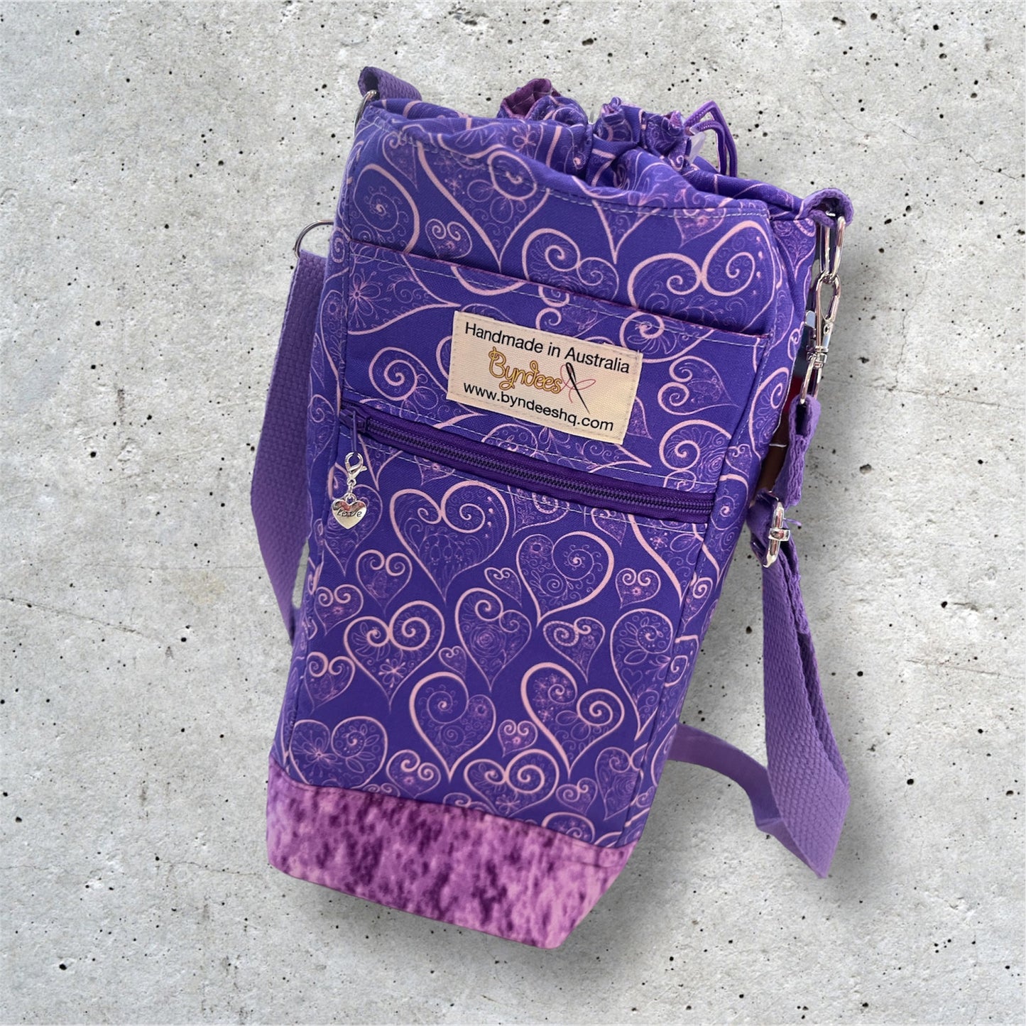 Water Bottle, Phone & Wallet Bag - Purple with Pink Hearts w Lilac Lining