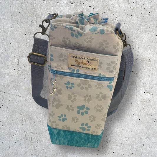 Water Bottle, Phone & Wallet Bag - Paw Print w Lite Blue Lining