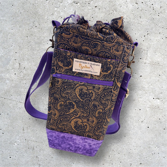 Water Bottle, Phone & Wallet Bag - Gold Paisley w Purple Lining