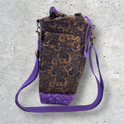 Water Bottle, Phone & Wallet Bag - Gold Paisley w Purple Lining