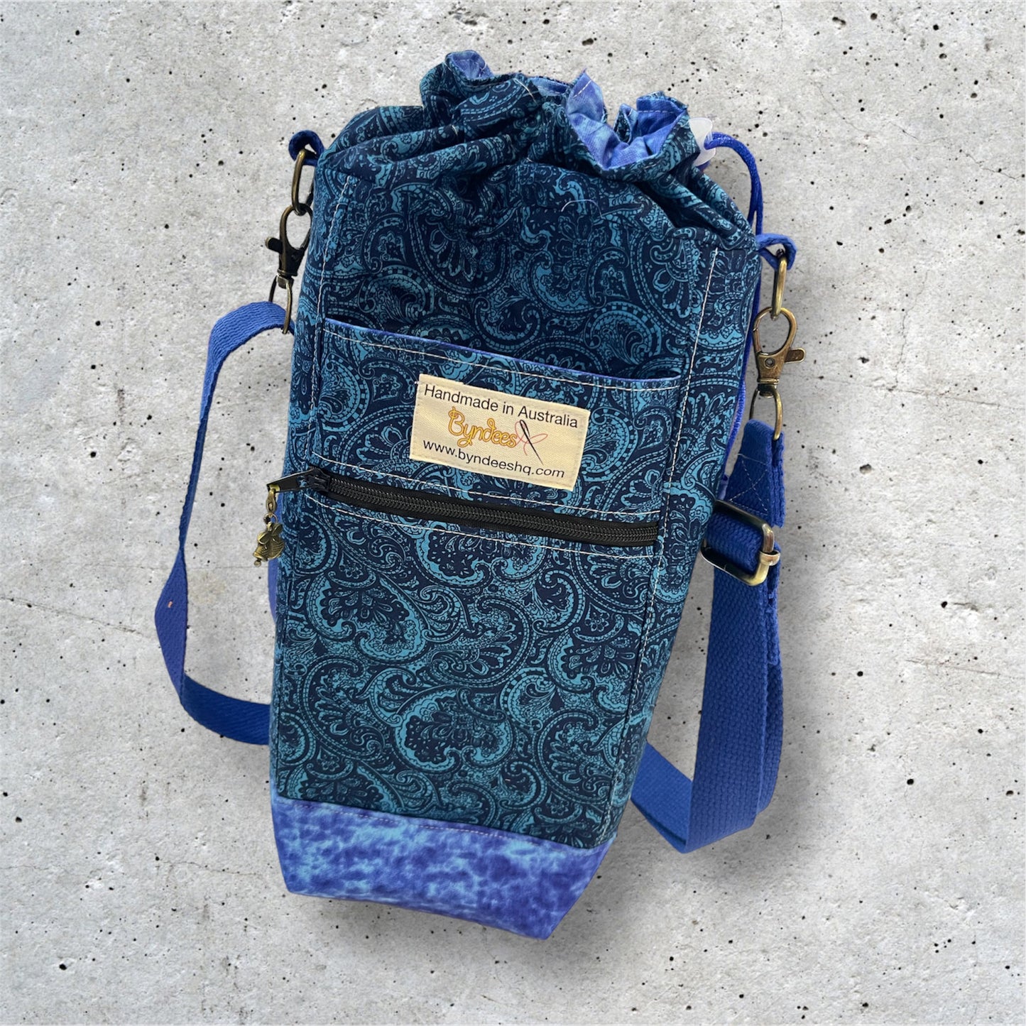 Water Bottle, Phone & Wallet Bag - Blue Paisley w Blue Lining