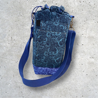 Water Bottle, Phone & Wallet Bag - Blue Paisley w Blue Lining