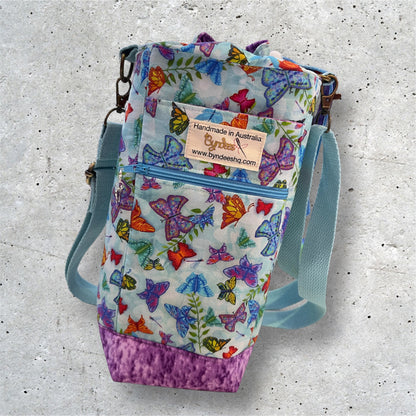 Water Bottle, Phone & Wallet Bag - Butterflies w Lilac Lining