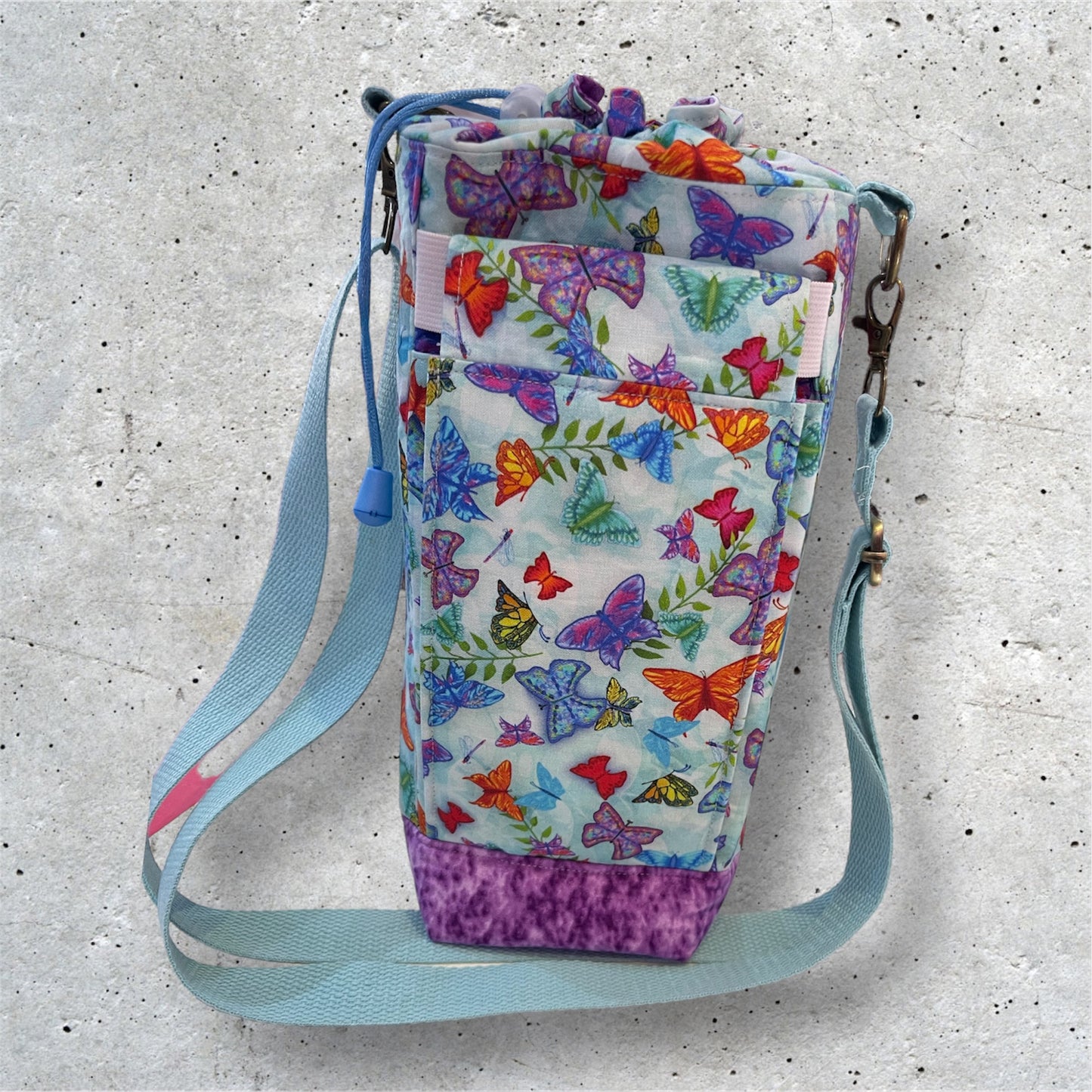 Water Bottle, Phone & Wallet Bag - Butterflies w Lilac Lining