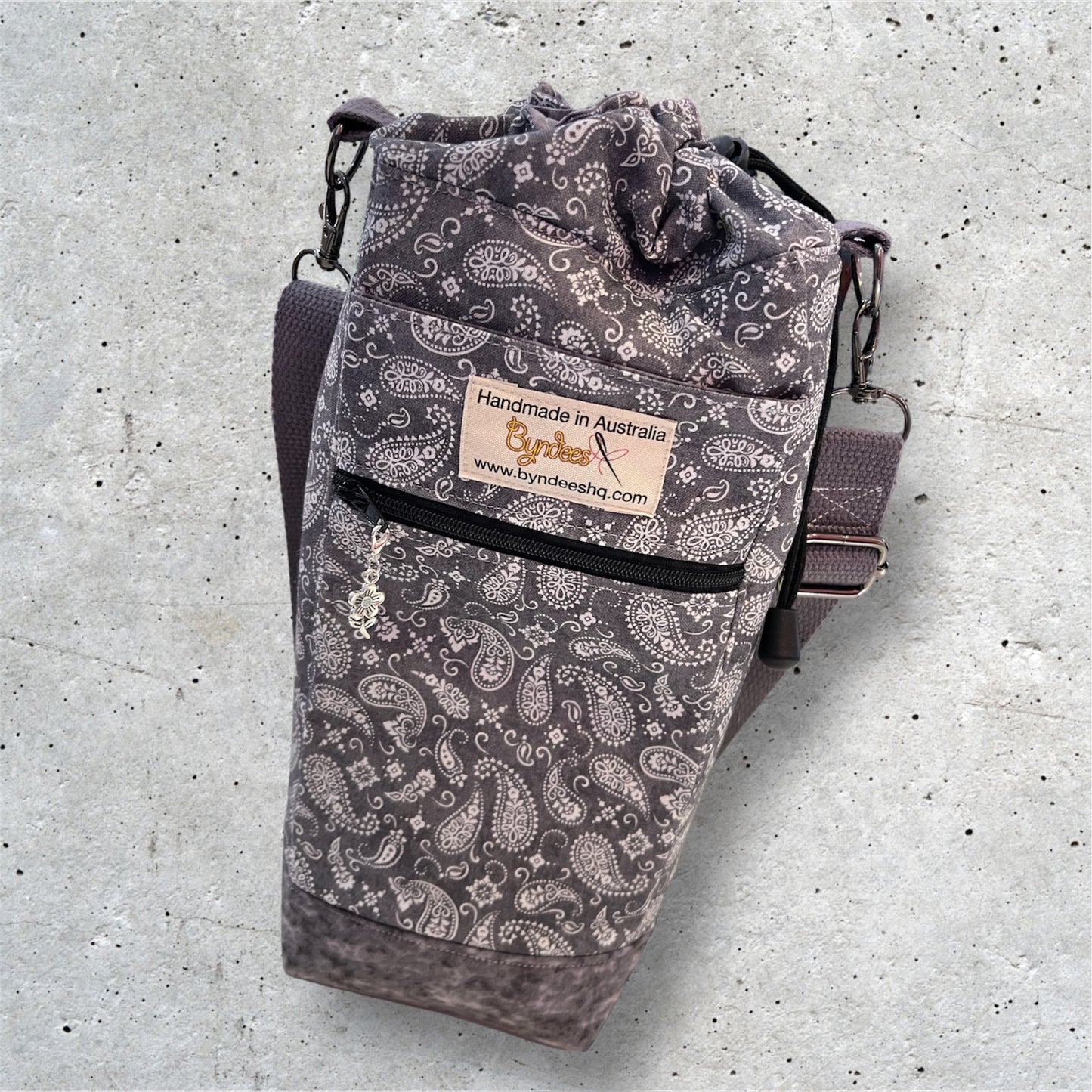 Water Bottle, Phone & Wallet Bag - Lite Grey Paisley w Grey Lining