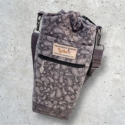 Water Bottle, Phone & Wallet Bag - Lite Grey Paisley w Grey Lining