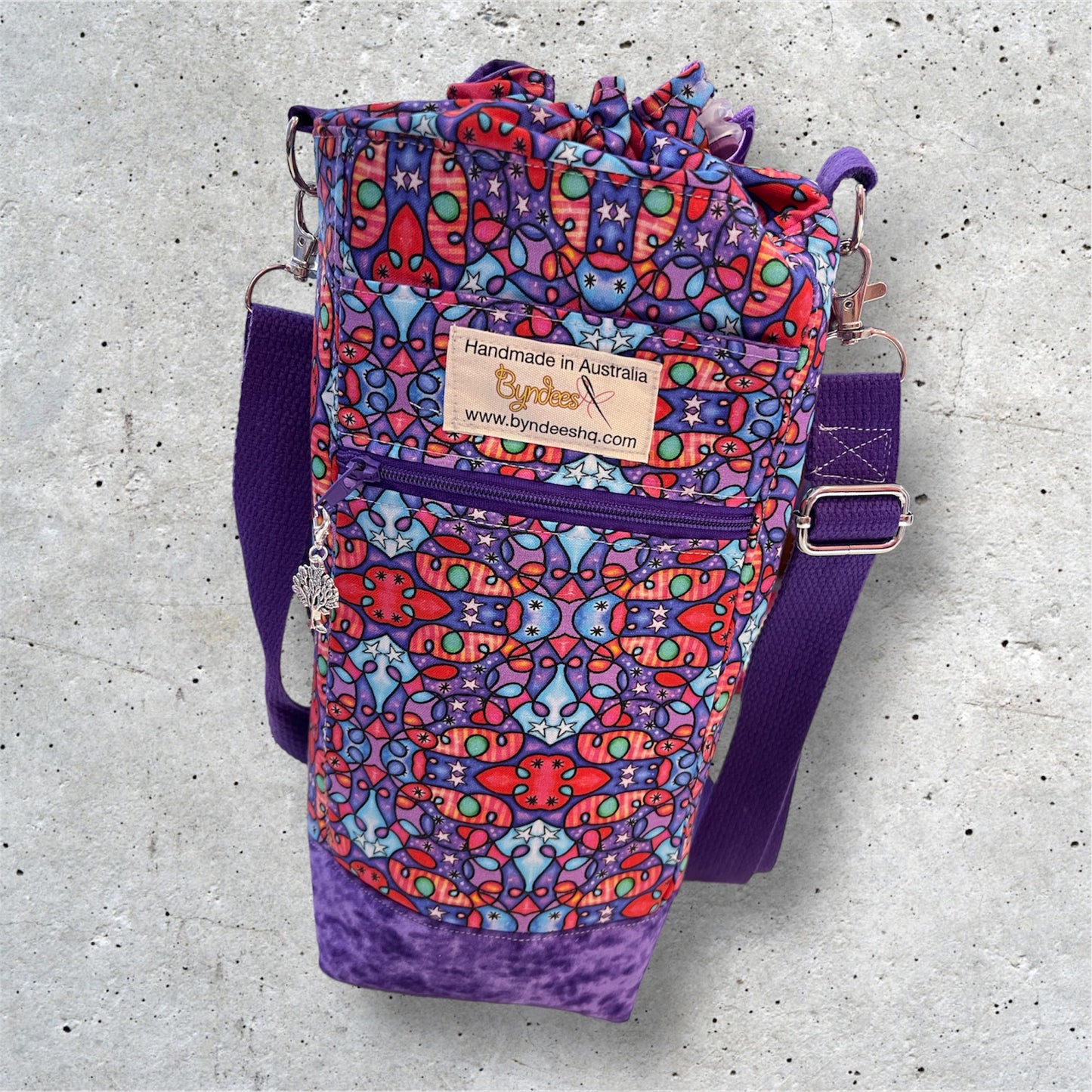 Water Bottle, Phone & Wallet Bag - Purple & Red Pattern w Purple Lining