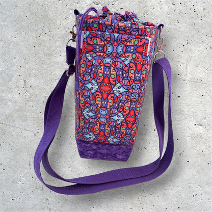 Water Bottle, Phone & Wallet Bag - Purple & Red Pattern w Purple Lining