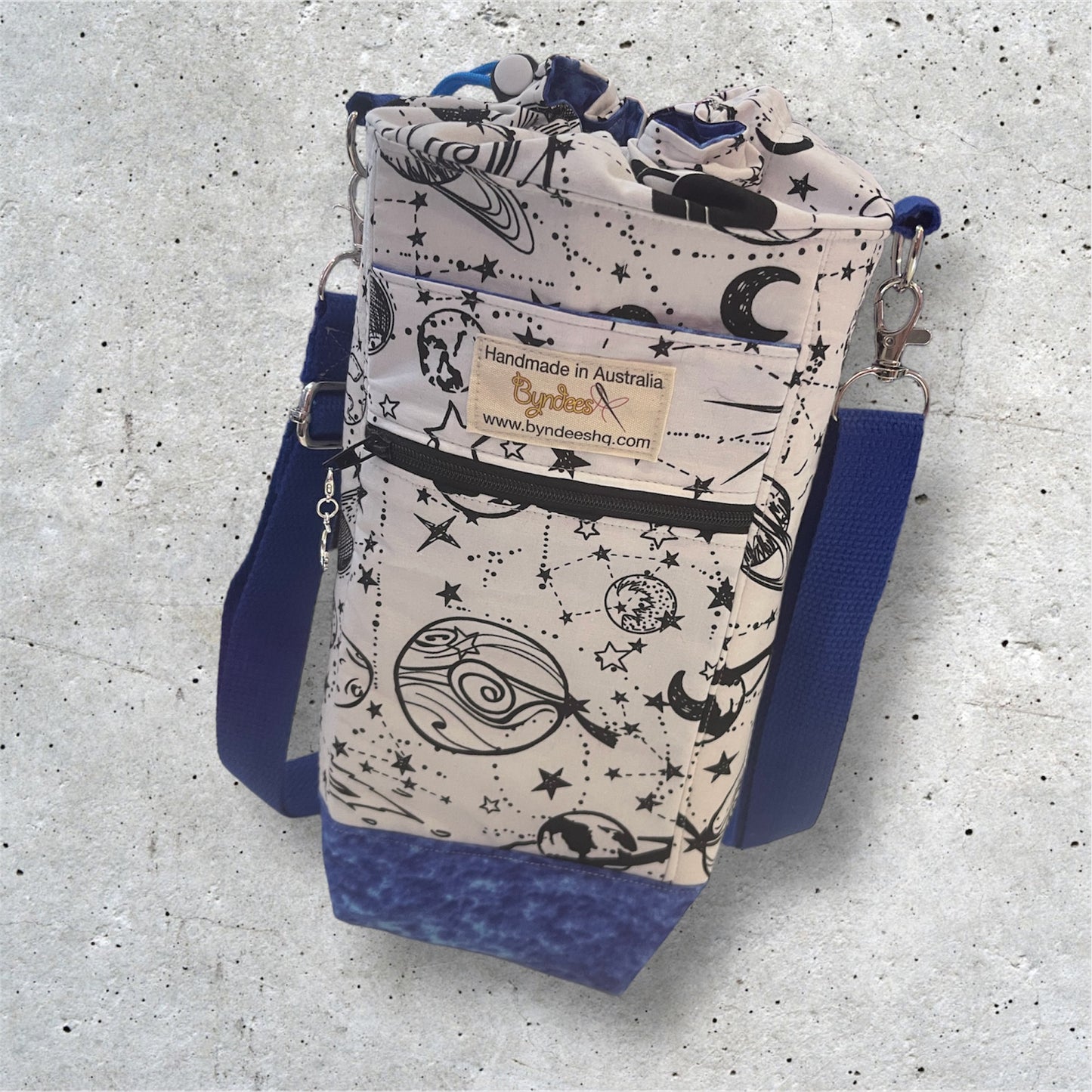 Water Bottle, Phone & Wallet Bag - Black & White Universe w Blue Lining