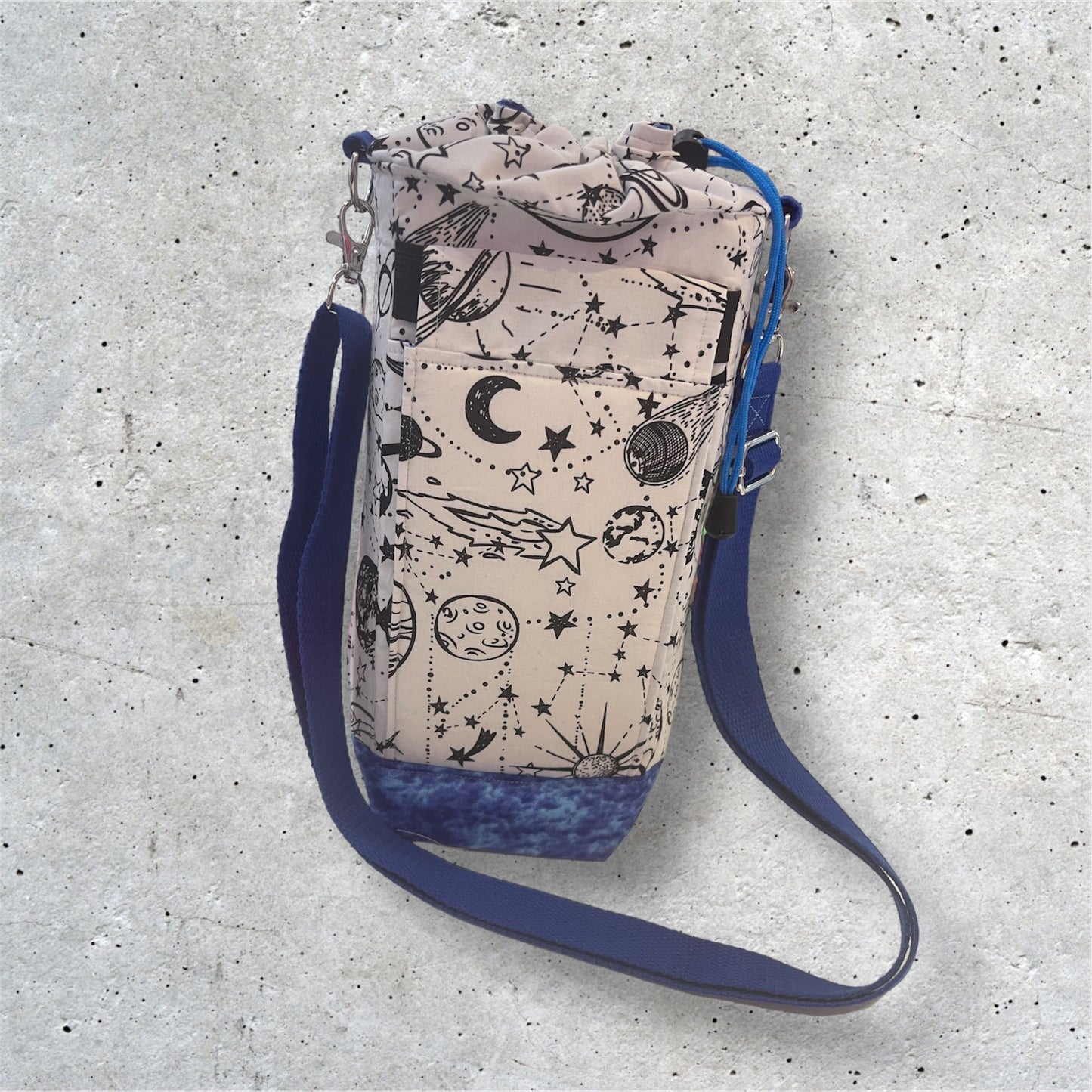 Water Bottle, Phone & Wallet Bag - Black & White Universe w Blue Lining