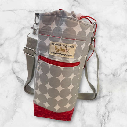 Water Bottle, Phone & Wallet Bag - White & Grey Circles with Red Lining