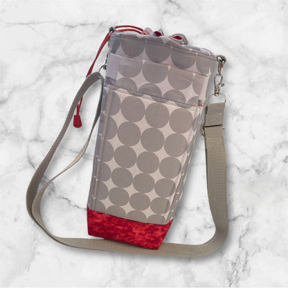 Water Bottle, Phone & Wallet Bag - White & Grey Circles with Red Lining