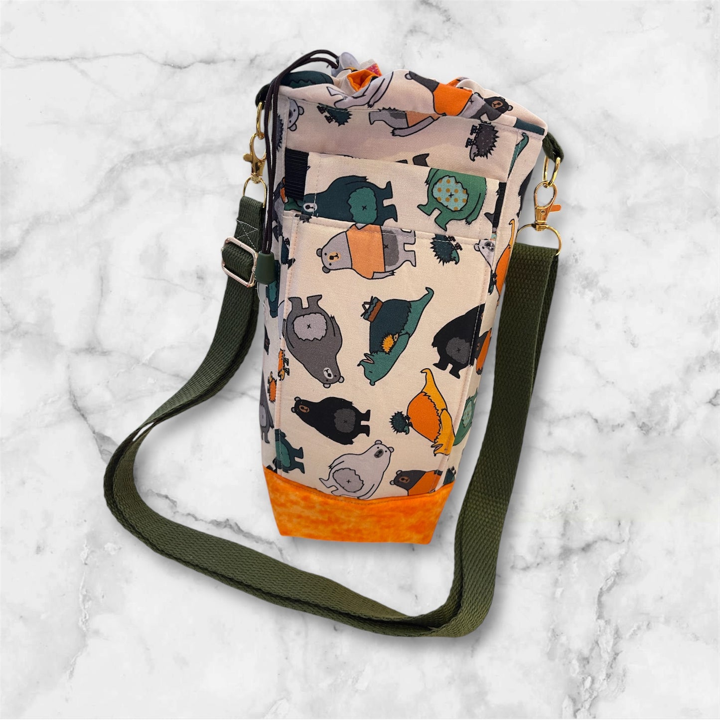 Water Bottle, Phone & Wallet Bag - Orange Flowers with Orange Lining